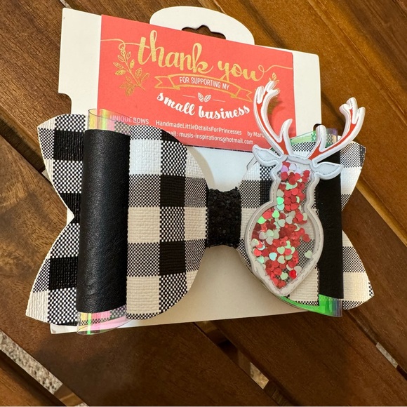 NWOT/ Handmade Christmas Hair Bows 2pc / Black & White Plaid Reindeer Clip - Picture 4 of 8